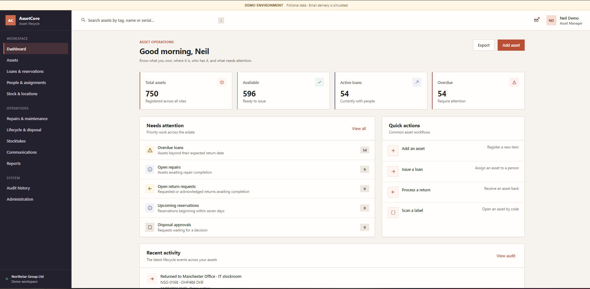 AssetCore asset lifecycle and inventory management system