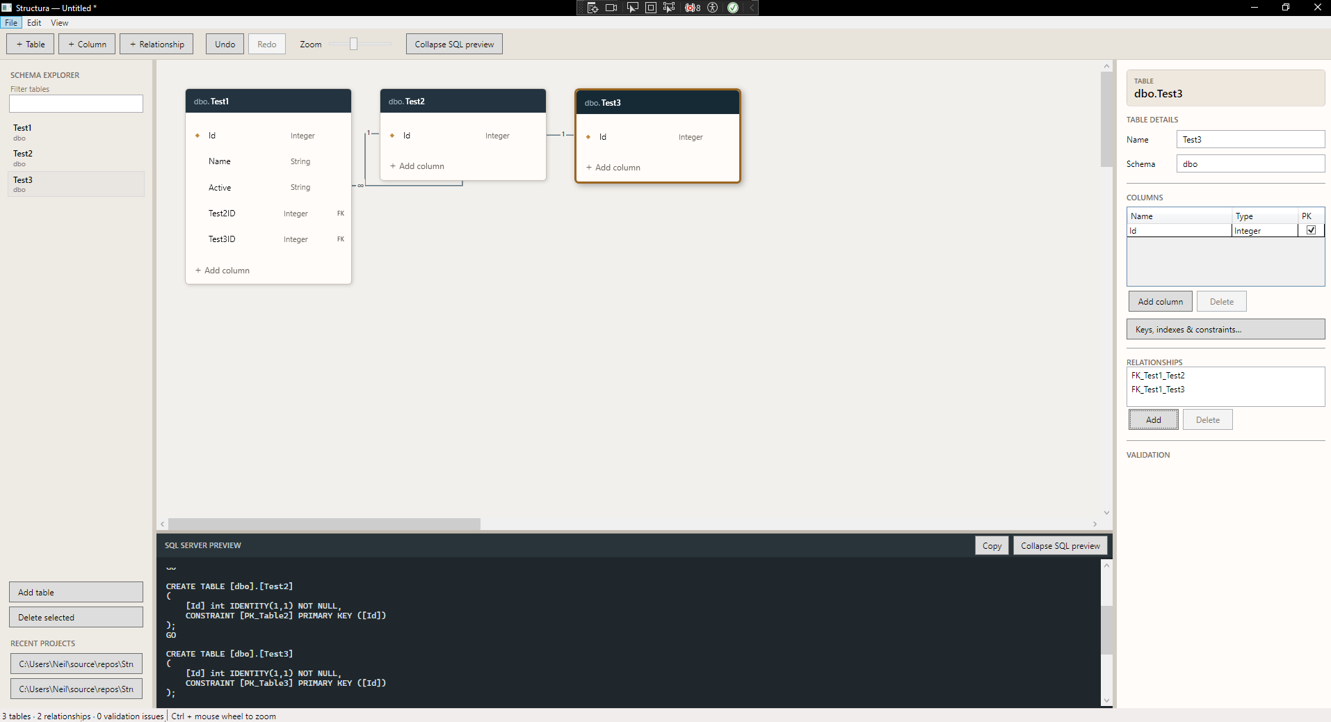 Structura relational database ERD modeller and SQL generator
